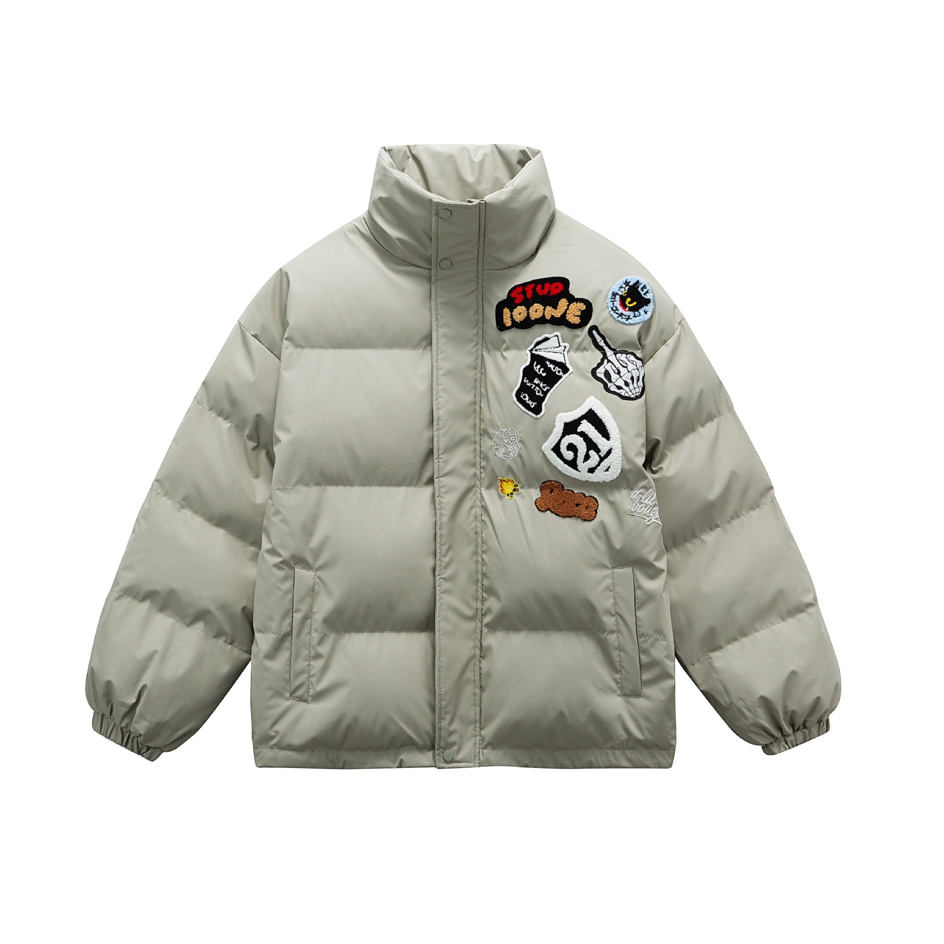 Unisex Boxy padded oversized puffer jacket with stand-up collar and statement patch details Chichicherry