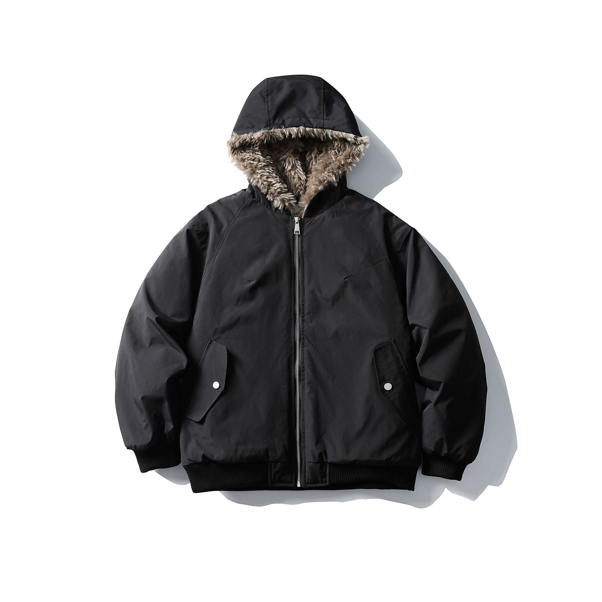 Unisex Boxy-padded short jacket with hood and faux fur trim Chichicherry