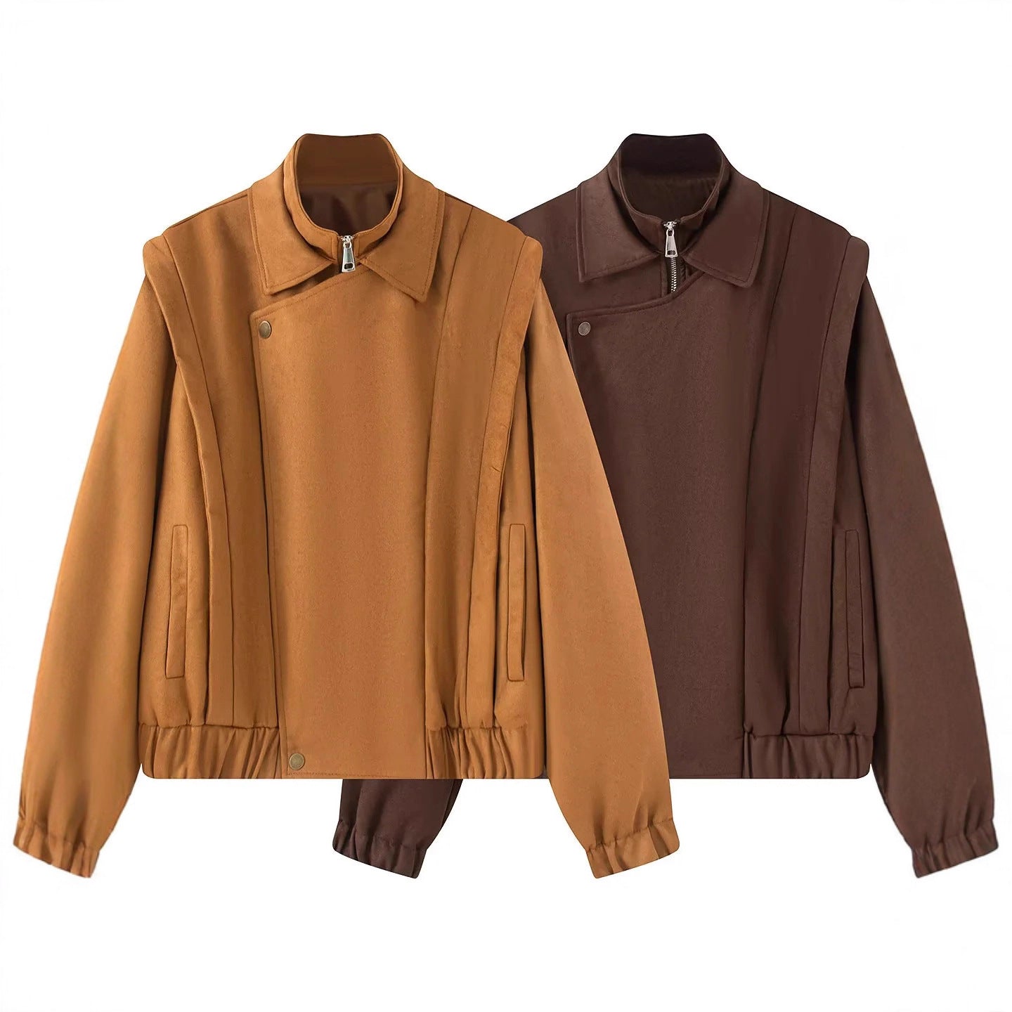 Women's short wool bomber jacket with asymmetrical zipper, stand-up collar, and elastic hem Chichicherry