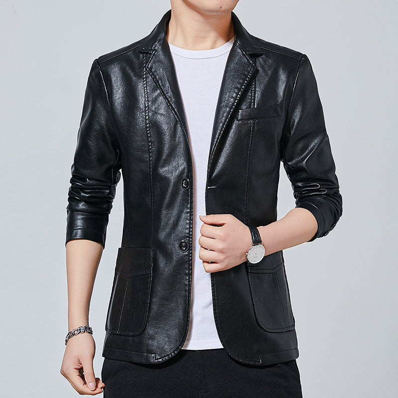 Men's Faux Leather Blouson Style Jacket with Shirt Collar and Patch Pockets Chichicherry