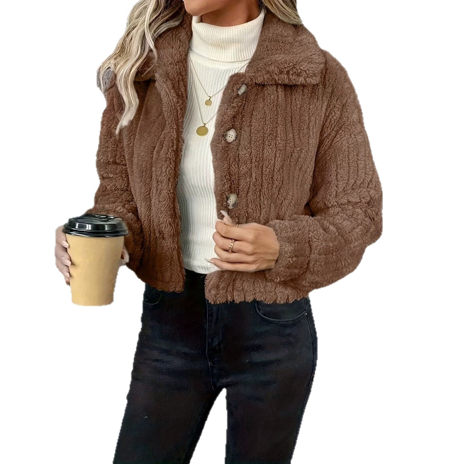 Women's Short Jacket Teddy-Fleece with Button Closure and Wide Shirt Collar Chichicherry