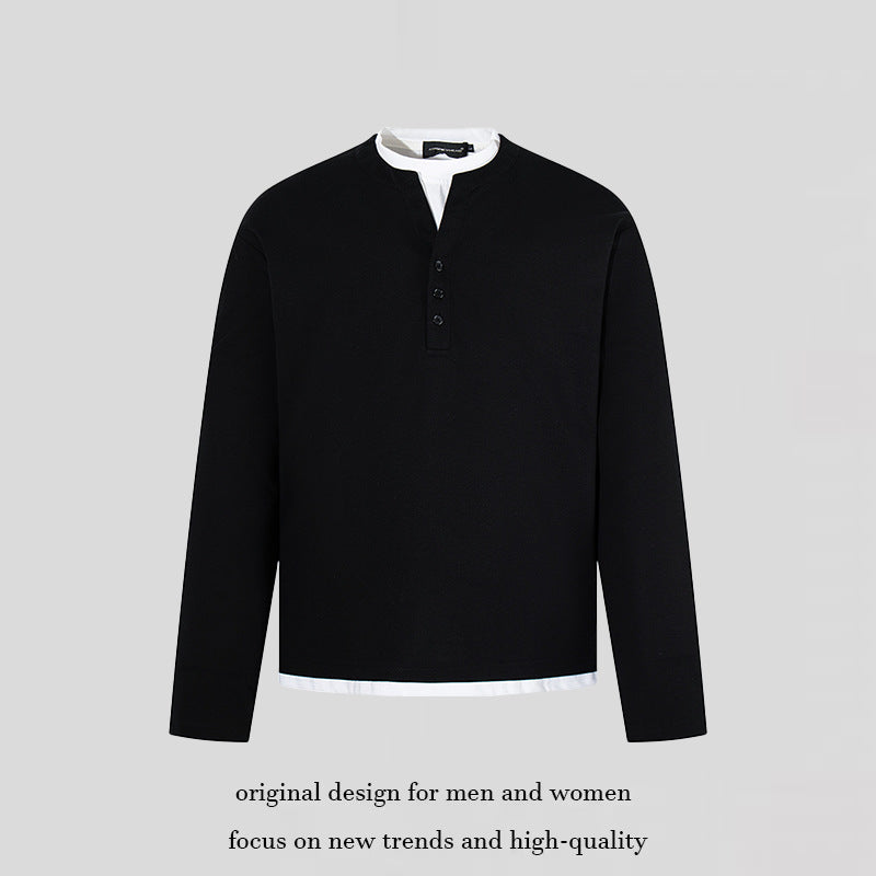Men's Long-Sleeve Henley Layer Shirt with Contrasting Inner Collar and Modern Regular Fit Chichicherry