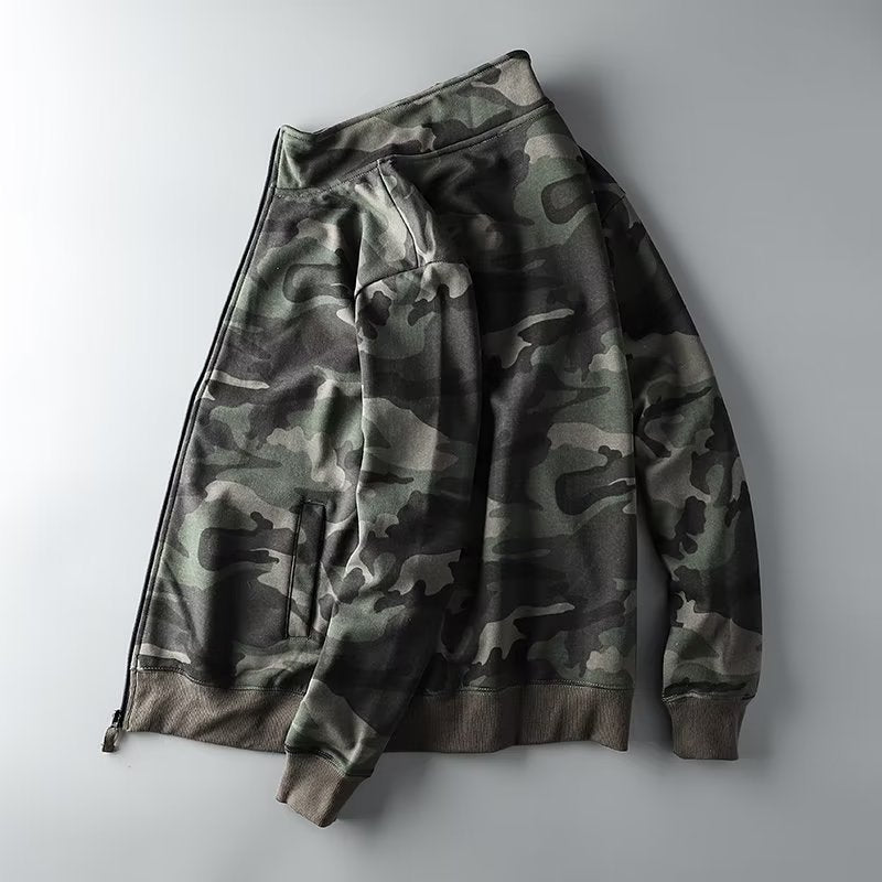 Herren Camouflage Baumwoll‑Fleece‑Zipjacke mit Stehkragen und Rippbündchen Chichicherry