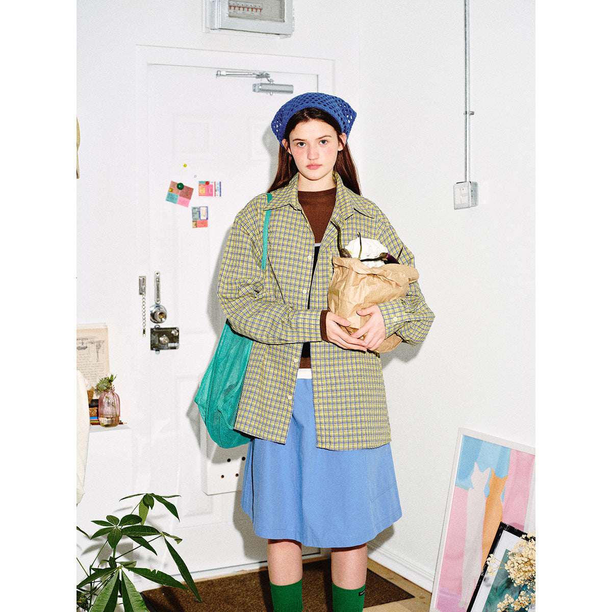 Unisex Oversize Check Shirt with boxy silhouette, straight hem and patch chest pocket Chichicherry