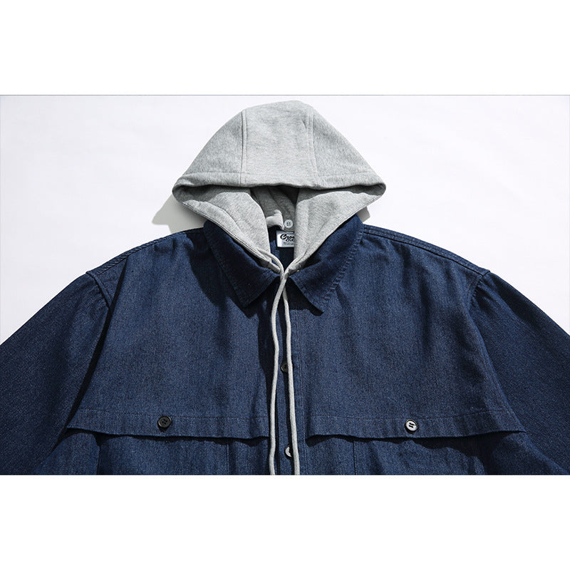 Unisex Boxy Jeans Overshirt Jacket with Attached Hood and Multifunction Pockets Chichicherry