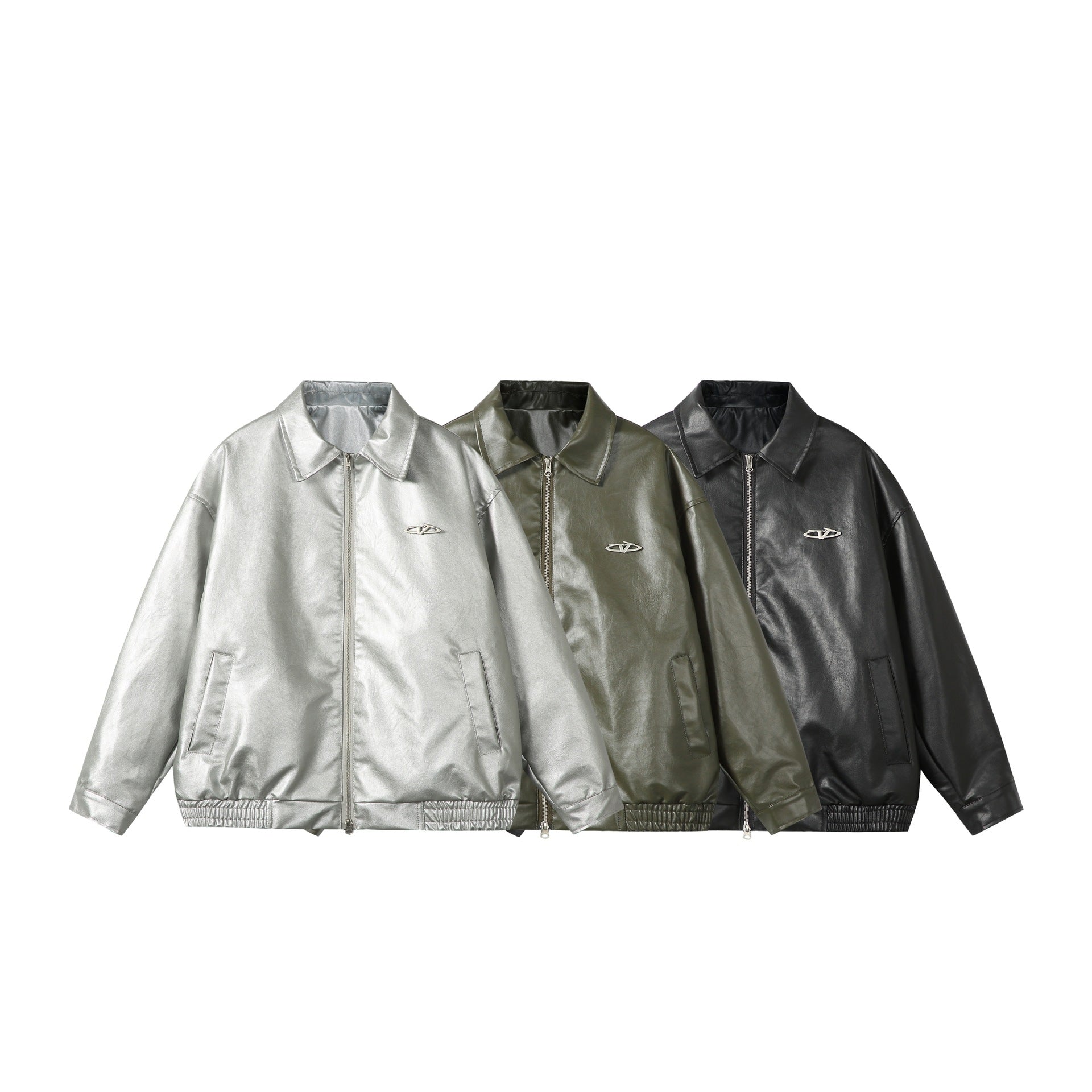 Ladies Oversize Smooth Leather Look Blouson Jacket with Elastic Hem and Metal Logo Chichicherry