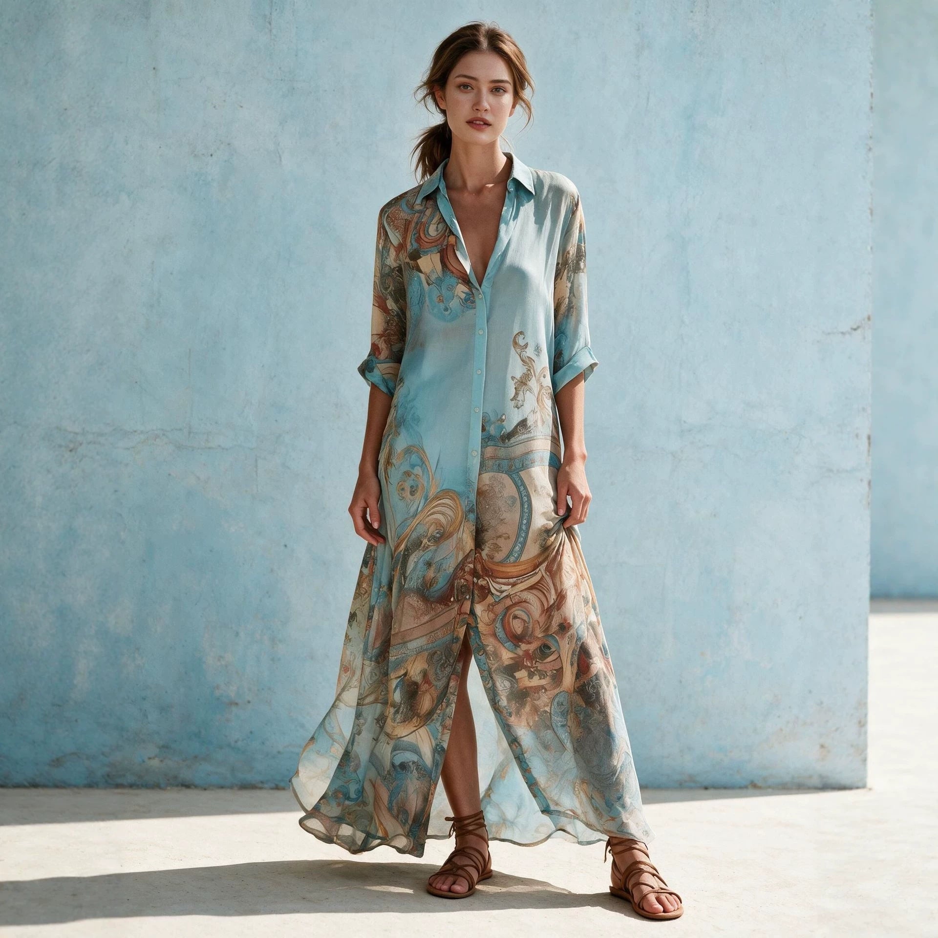 Damen Hemdblusenkleid Maxikleid in fließender Seidenoptik mit kunstvollem Allover-Print und 3/4-Ärmeln Chichicherry