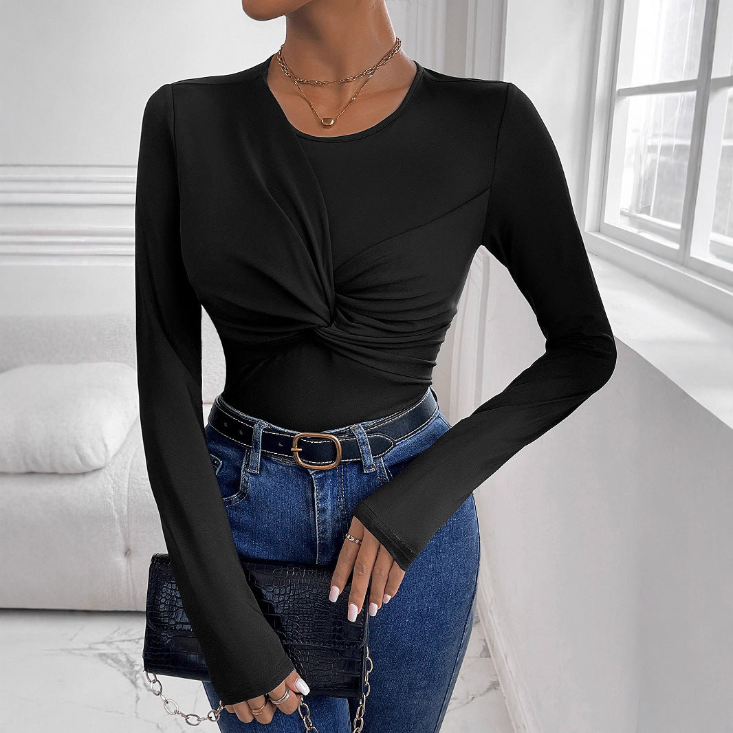 Women Figure-Hugging Long Sleeve Shirt with Twist Detail and Round Neckline Chichicherry