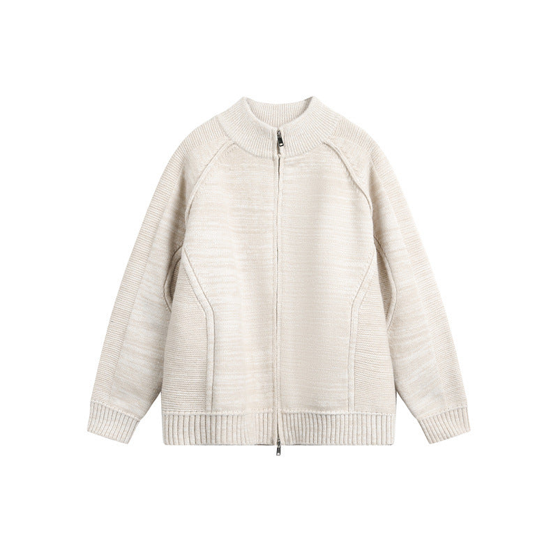 Unisex Thick Knit Zip Jacket with High Stand-Up Collar and Two-Way Zipper Chichicherry