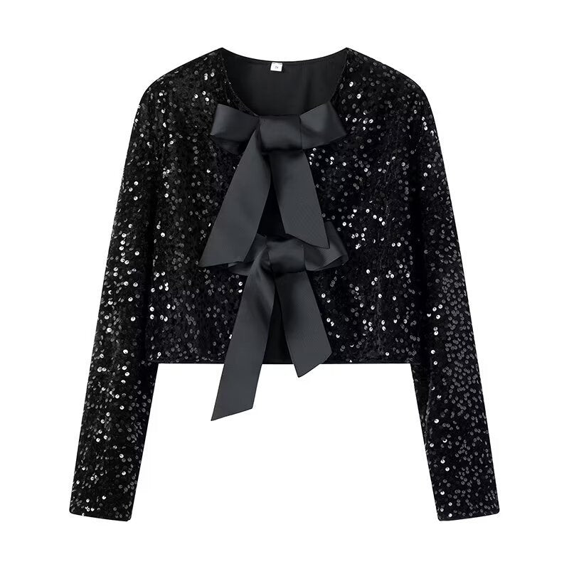 Ladies Short Sequin Jacket with Decorative Bows, Round Neckline and Long Sleeves Chichicherry