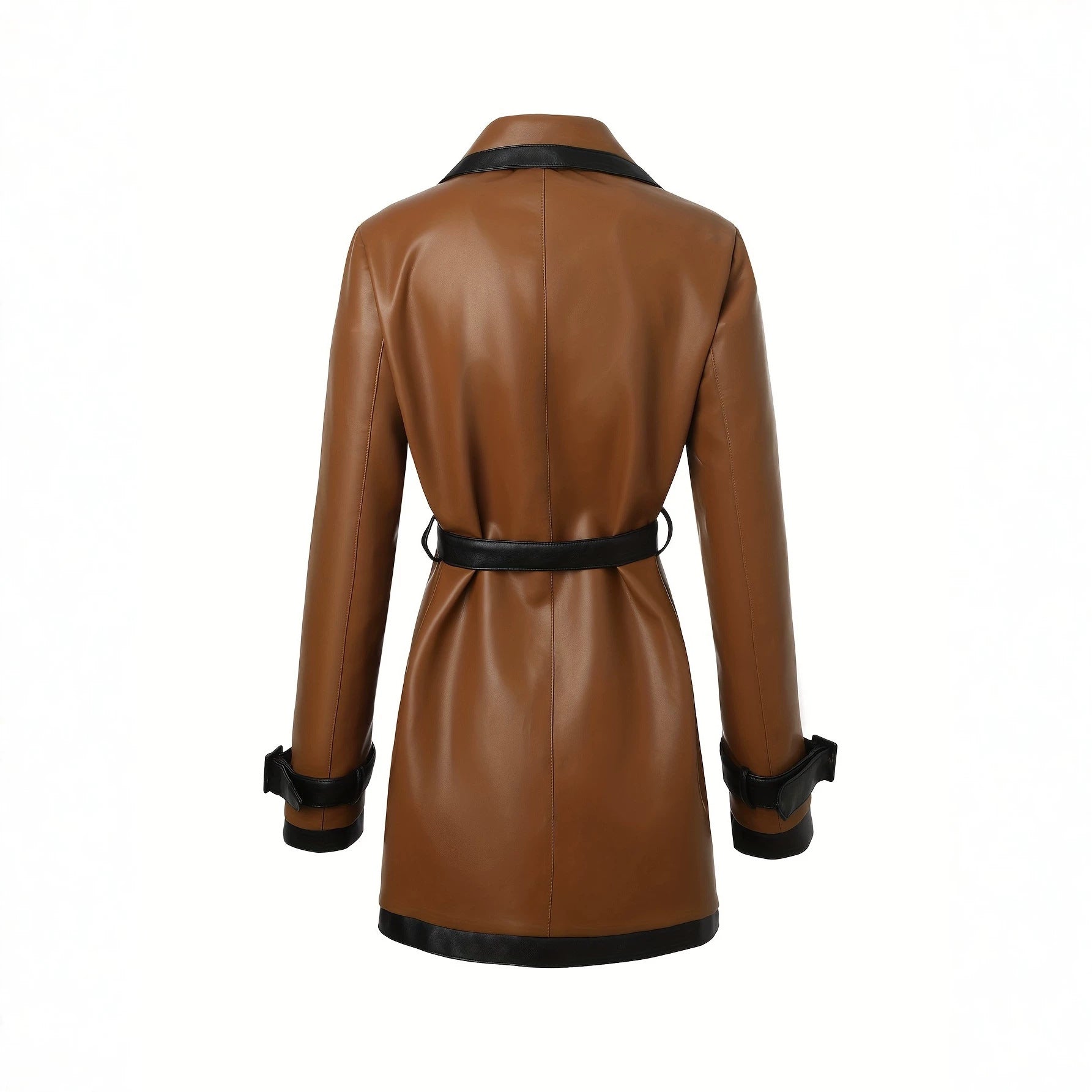 Women's fitted faux leather trench coat with contrast trim and tie belt Chichicherry