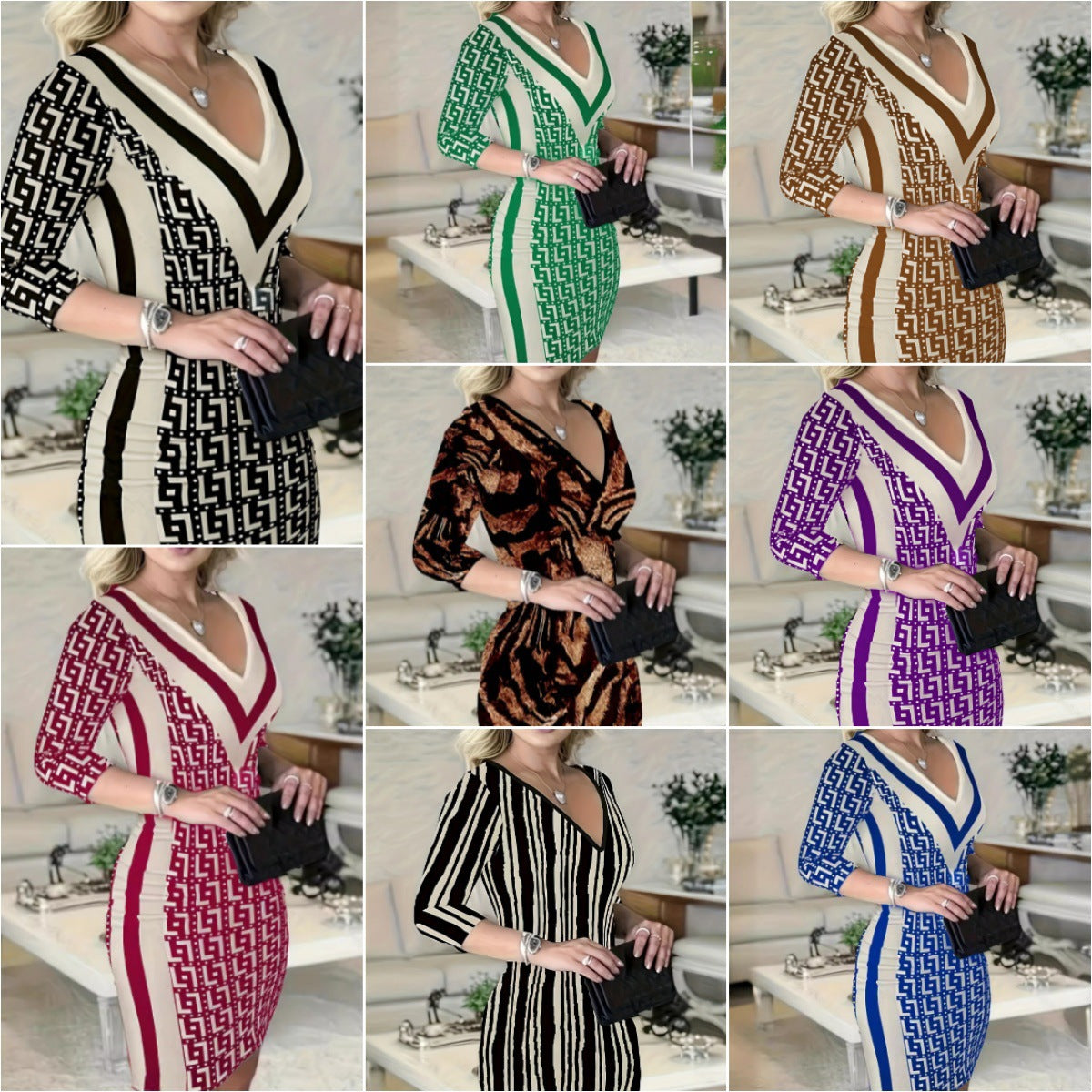 Women Figure-Fitting Sheath Dress with Deep V-Neck and Three-Quarter Sleeves Chichicherry