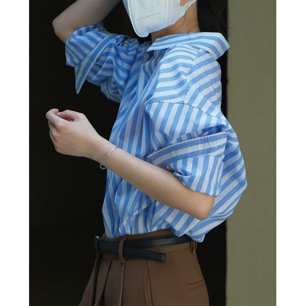 Women's oversized shirt blouse with side slits, drop shoulder and fine striped pattern Chichicherry