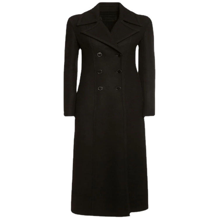 Women's Elegant Floor-Length Wool Blend Long Coat in Clean-Cut Double Breasted with Textured Shoulder Part Chichicherry