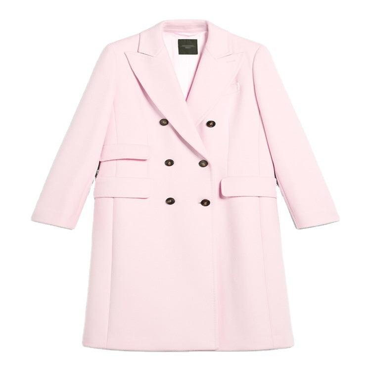 Women's Double-Breasted Midi-Length Wool Blend Coat with Emphasized Shoulder and Contrast Buttons Chichicherry