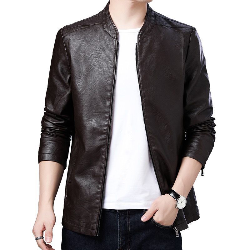 Men's slim-fit faux leather flight jacket with stand-up collar and zipper closure Chichicherry