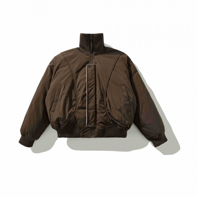Unisex Short Cut Volume Bomber Jacket with High Ribbed Collar, Concealed Press Stud Placket and Rounded Flap Pockets Chichicherry