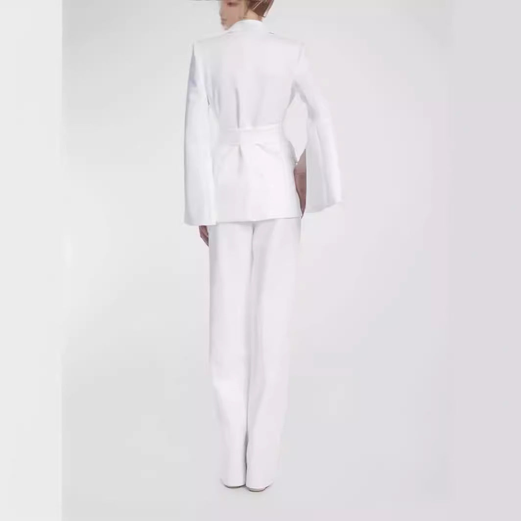 Women Tailored Cape Blazer with Tie Belt and Wide Palazzo Pants Chichicherry