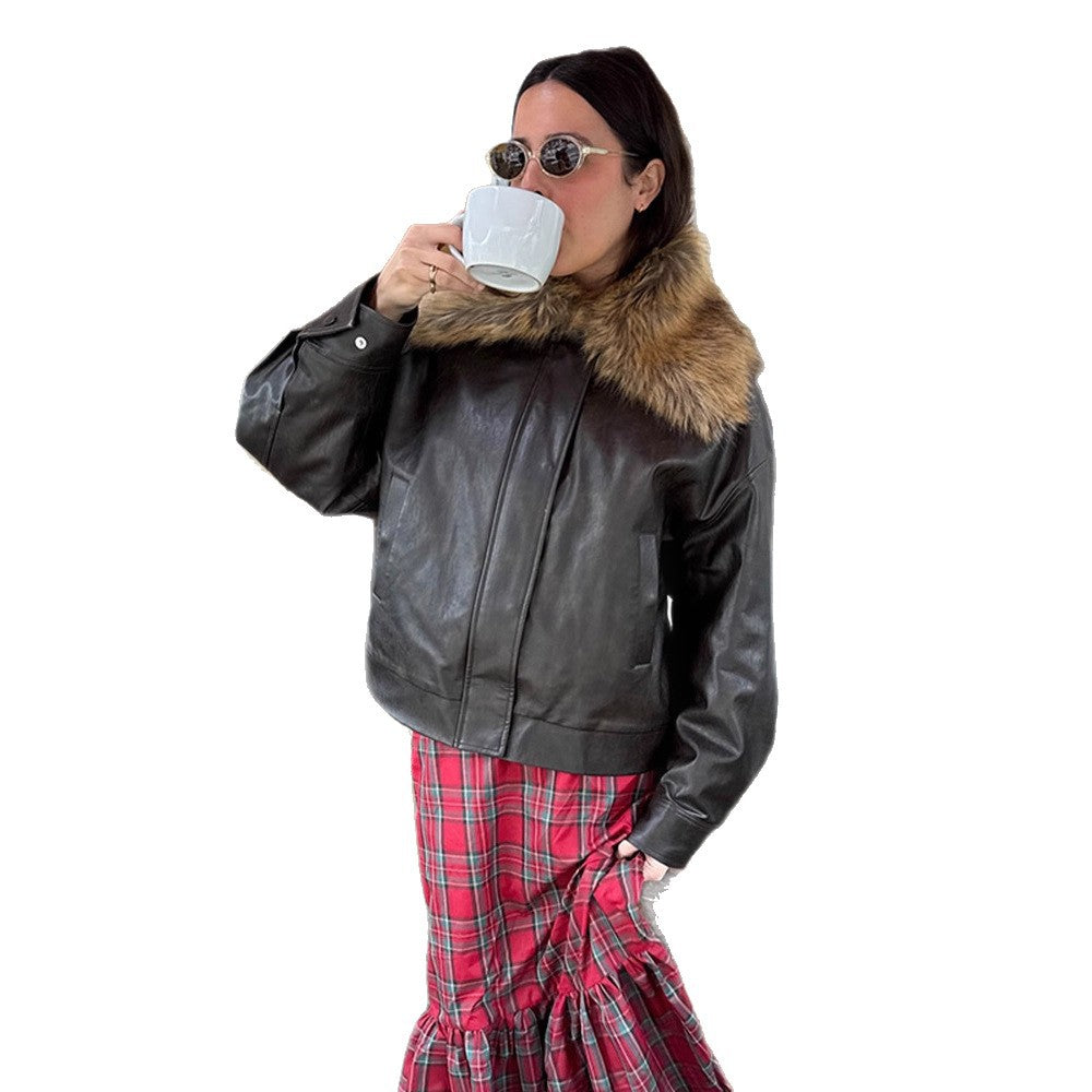 Women Boxy Faux Leather Blouson with Removable Faux Fur Collar and Concealed Button Placket Chichicherry