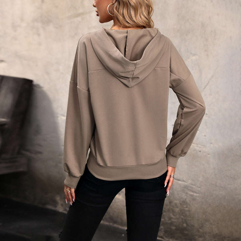 Women’s Hooded Henley Pullover with Snap Placket, Drop Shoulder and Ribbed Hem Chichicherry