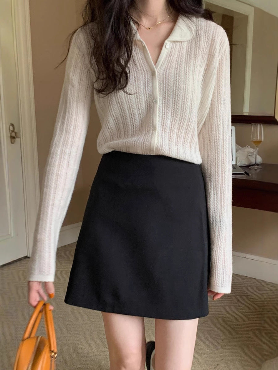 Women Light Ajour Knit Button Cardigan with Shirt Collar and Fine Cable Pattern Structure Chichicherry
