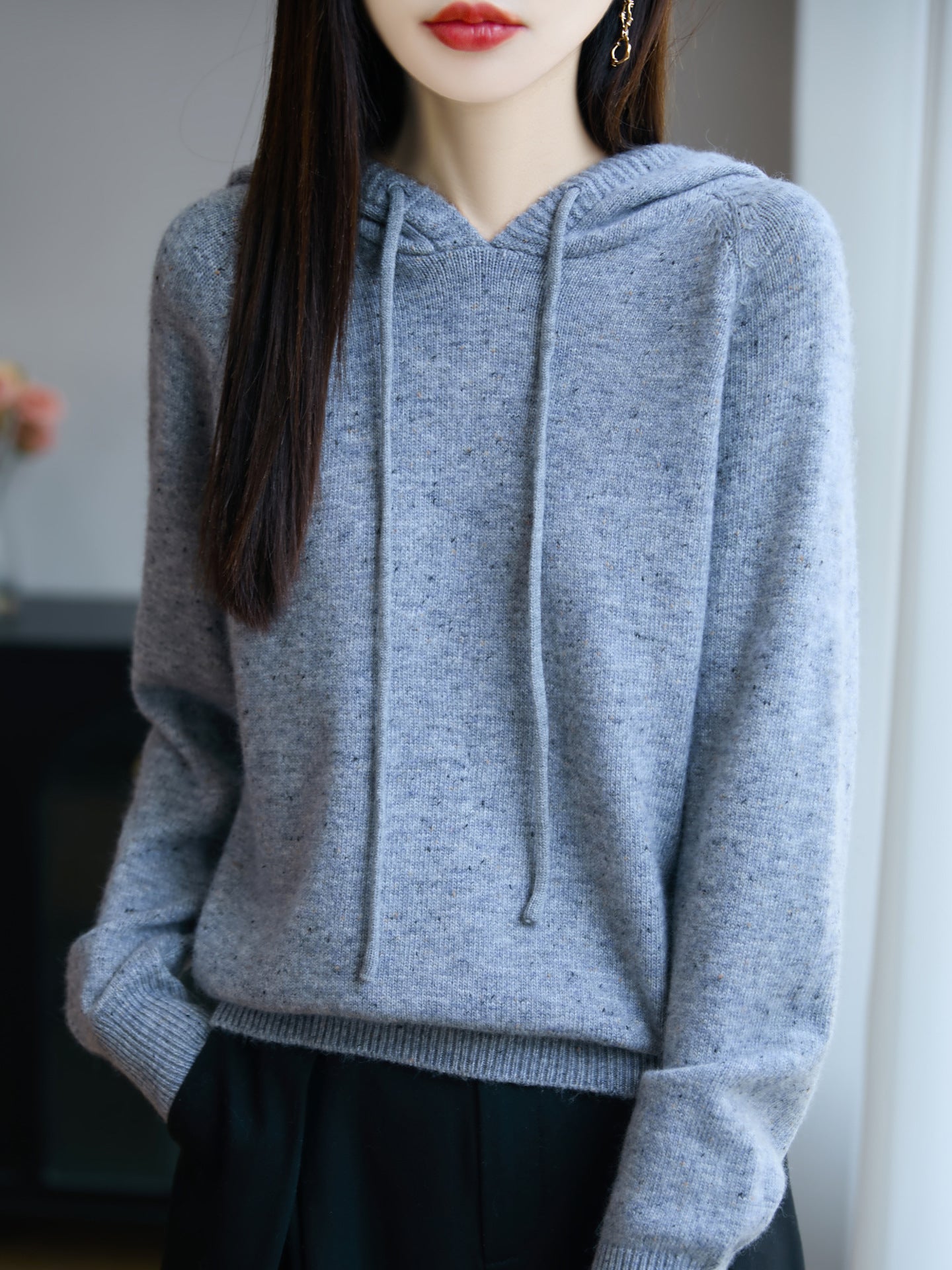 Women's Soft Fine Knit Hoodie with Nep Yarn and Ribbed Cuffs Chichicherry