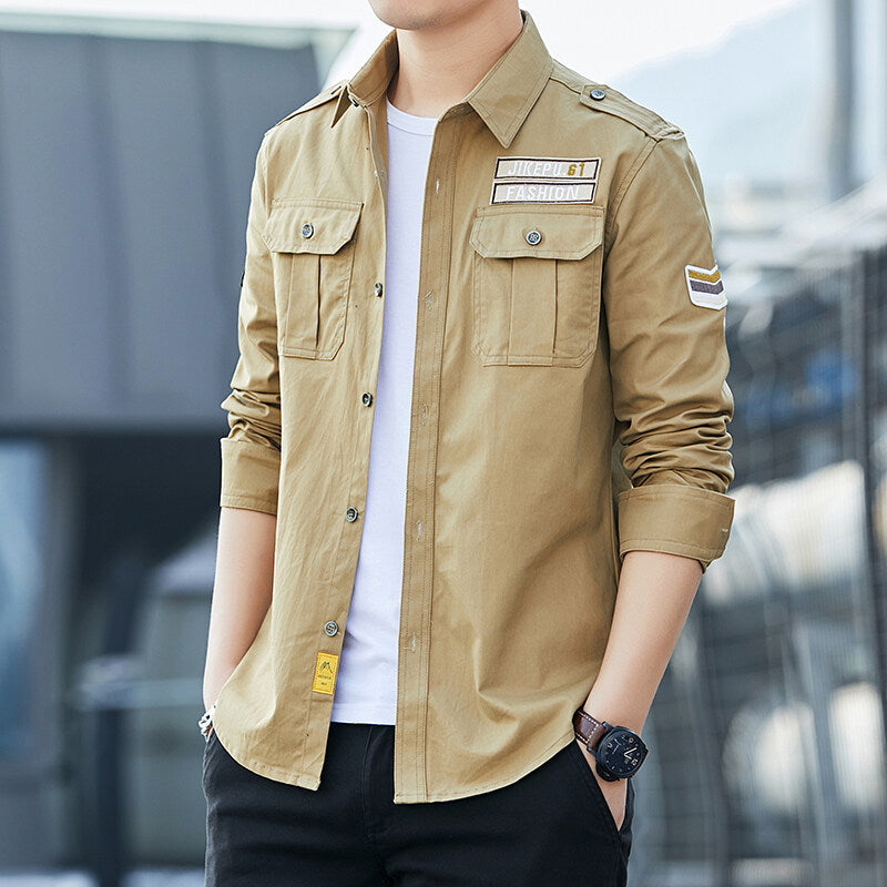 Men's utility shirt with chest flap pockets, shoulder patches, and embroidered patches Chichicherry