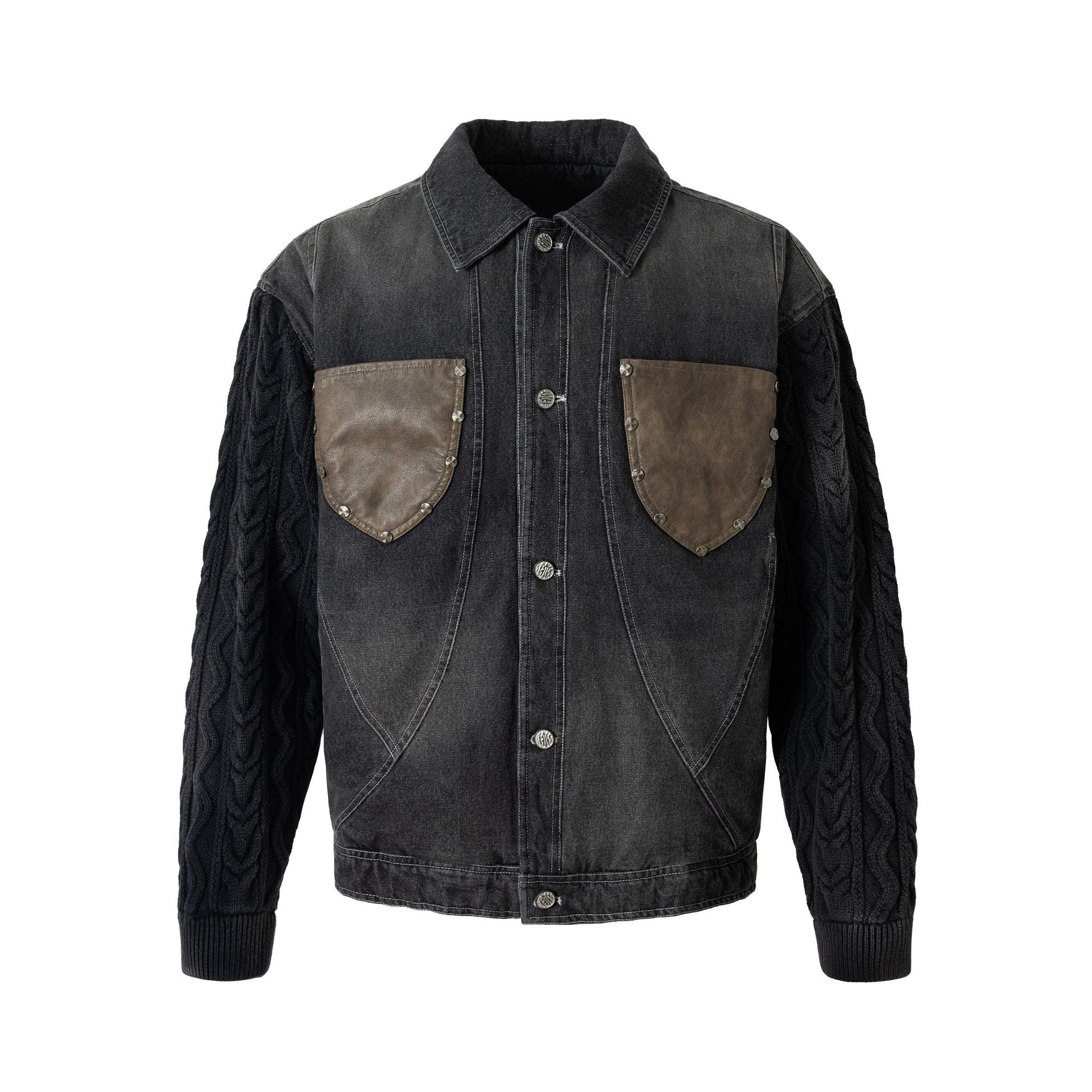 Men's denim jacket with applied leather chest pockets and cable knit sleeves Chichicherry