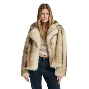 Women's short boxy faux fur jacket with voluminous shawl collar and striped look Chichicherry