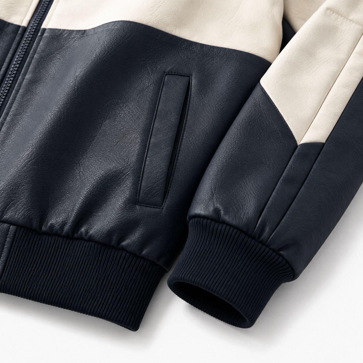 Men's Sporty Hooded Bomber with Faux Leather Look, Contrast Stripes and Zipper Chichicherry