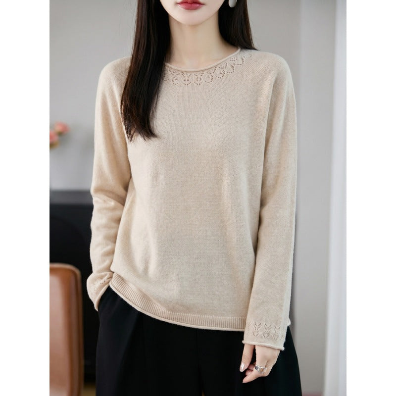Women Light Fine Knit Crew Neck Sweater with Eyelet Detail and Casual Silhouette Chichicherry