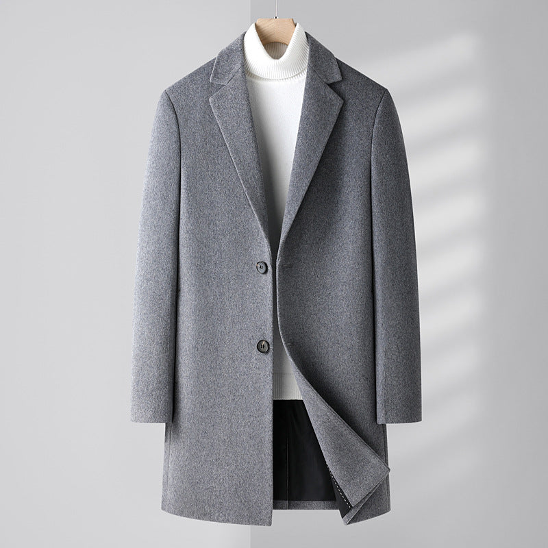 Men's Single-breasted Wool Blend Overcoat with Narrow Lapels and Slim Fit Chichicherry
