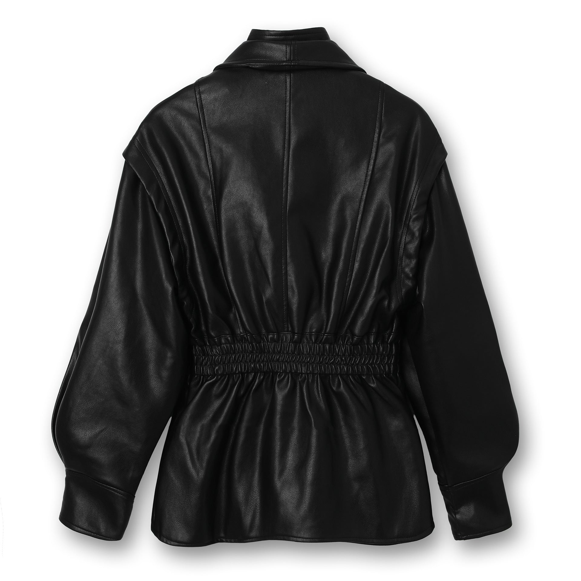 Women leather jacket with wide shawl collar, gathered waist area and balloon sleeves Chichicherry
