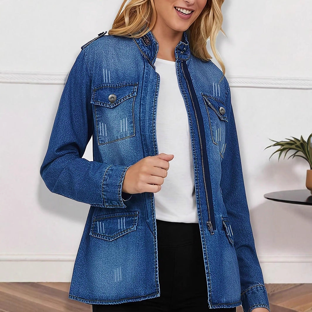 Women tailored denim jacket in military style with stand-up collar and flap pockets Chichicherry