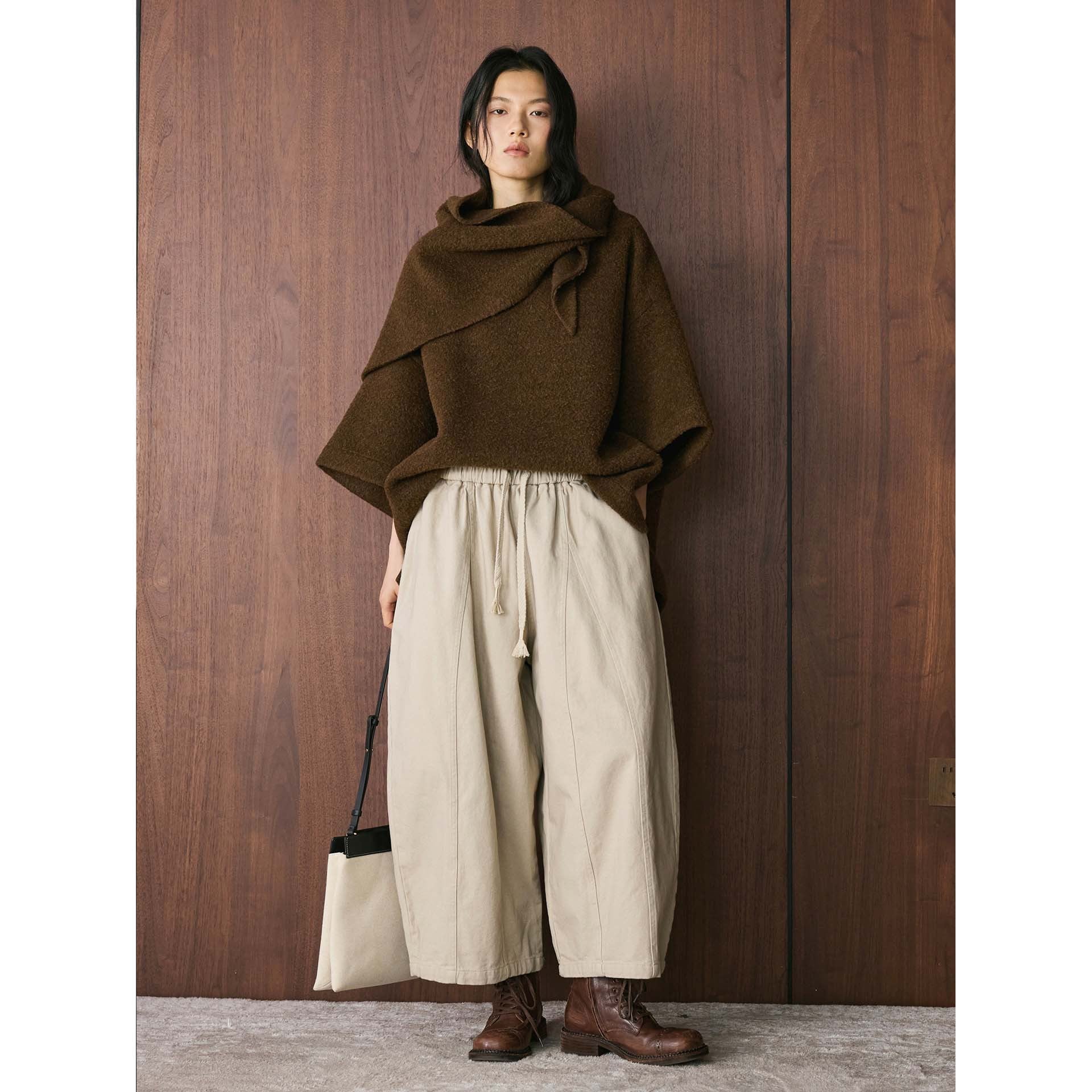 Women's Wide High-Waist Canvas Culotte with Drawstring and Decorative Seams Chichicherry