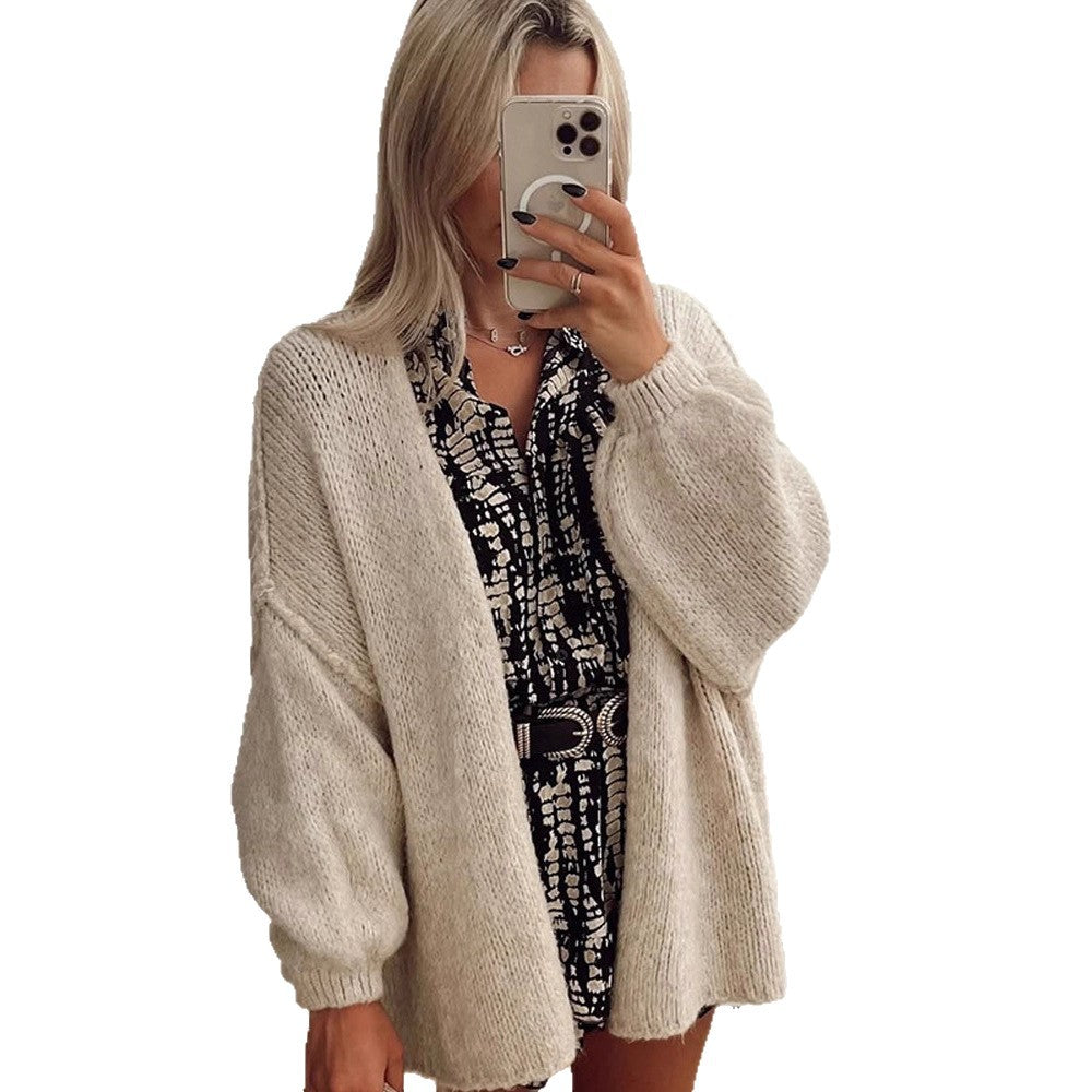 Women's Oversize Knit Cardigan with Voluminous Balloon Sleeves and Teddy-like Texture Chichicherry