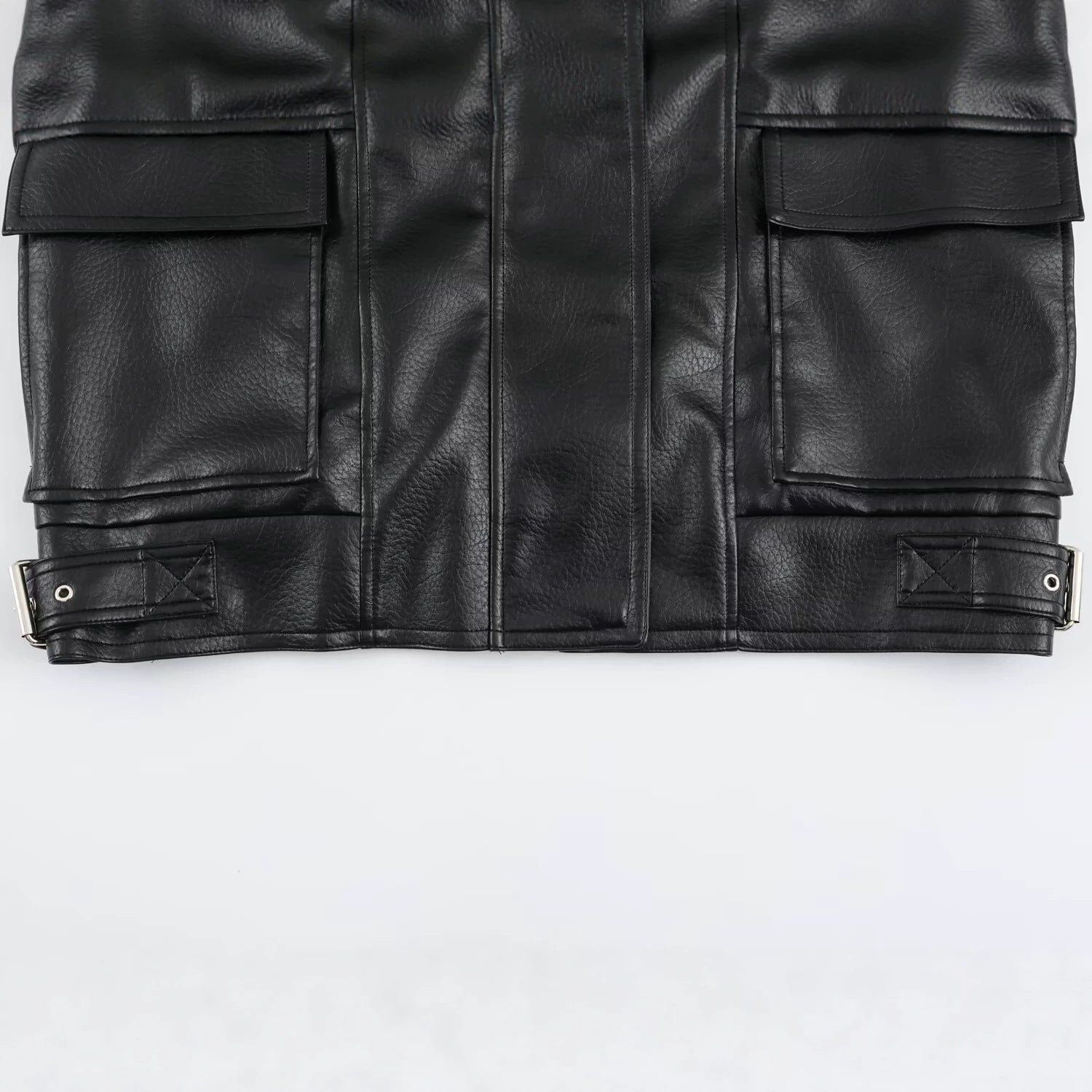 Women's Oversized Faux Leather Jacket with High Funnel Collar and Patch Pockets Chichicherry