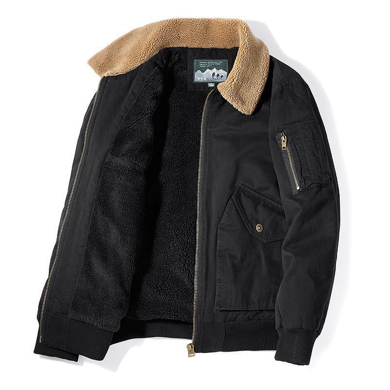 Men's Canvas Bomber Jacket with Sherpa Lining, Teddy Collar and Utility Pockets Chichicherry