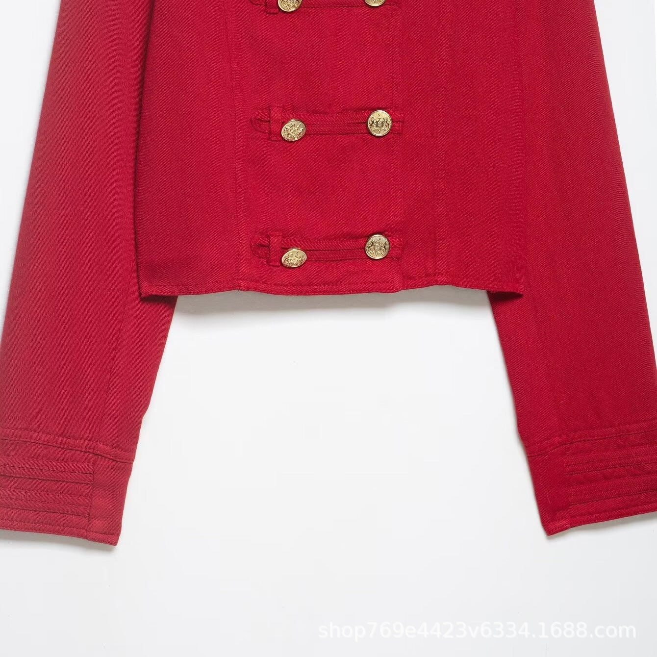 Women Short Military Jacket in Cropped Cut with Stand-up Collar and Golden Decorative Buttons Chichicherry