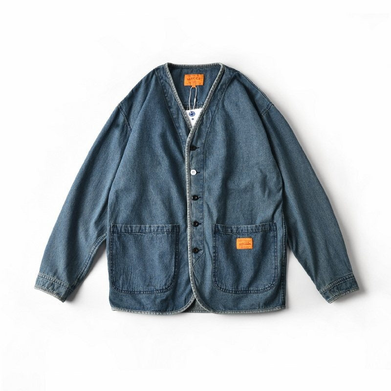Herren Denim-Chorejacke im Worker-Look mit V-Ausschnitt und aufgesetzten Taschen Chichicherry