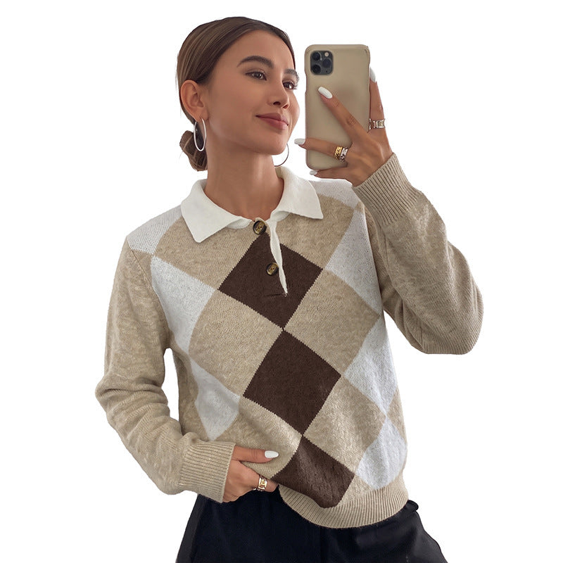 Women's Argyle Polo Knit Sweater with Contrast Collar and Decorative Button Chichicherry