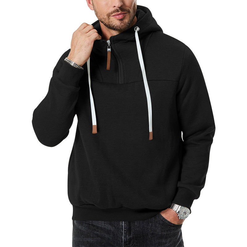 Men's Fleece Half-Zip Hoodie with Hood, Drawstring, and Elastic Cuffs Chichicherry