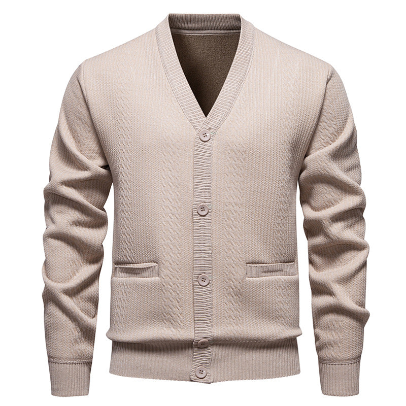 Men's Textured V-Neck Knit Cardigan with Button Placket and Pockets Chichicherry