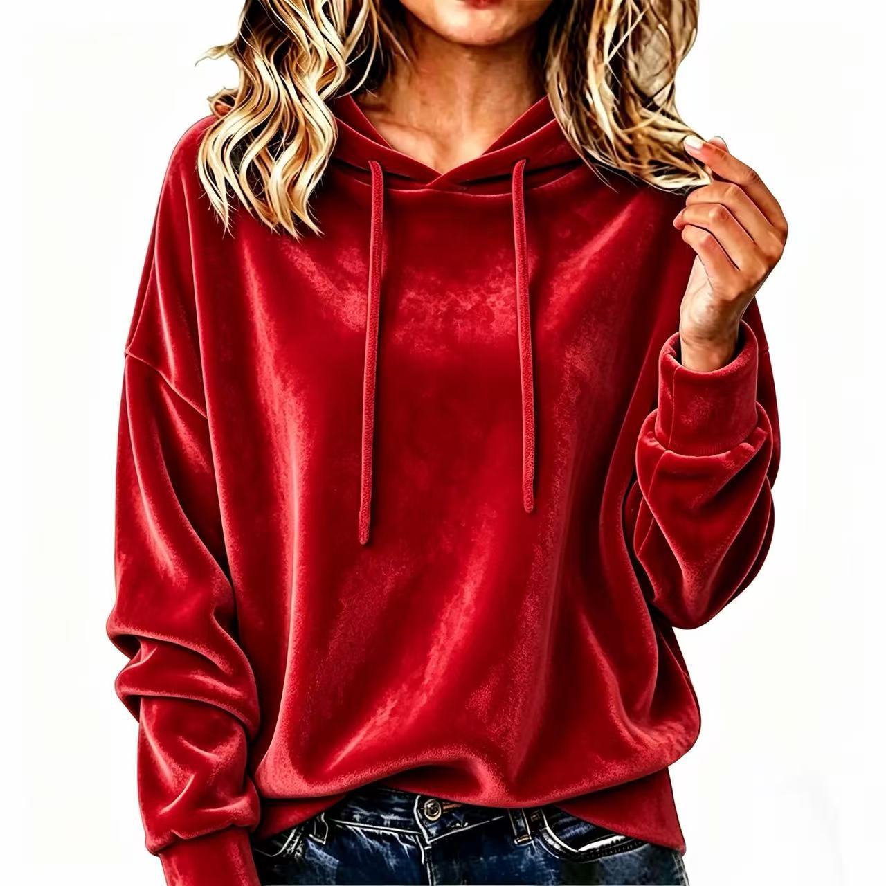Women's Oversize Velvet Hoodie with Hood and Drawstring Chichicherry