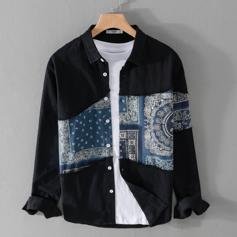 Men's Patchwork Shirt Jacket with Bandana Insert, Raw Edges and Loose Fit Chichicherry