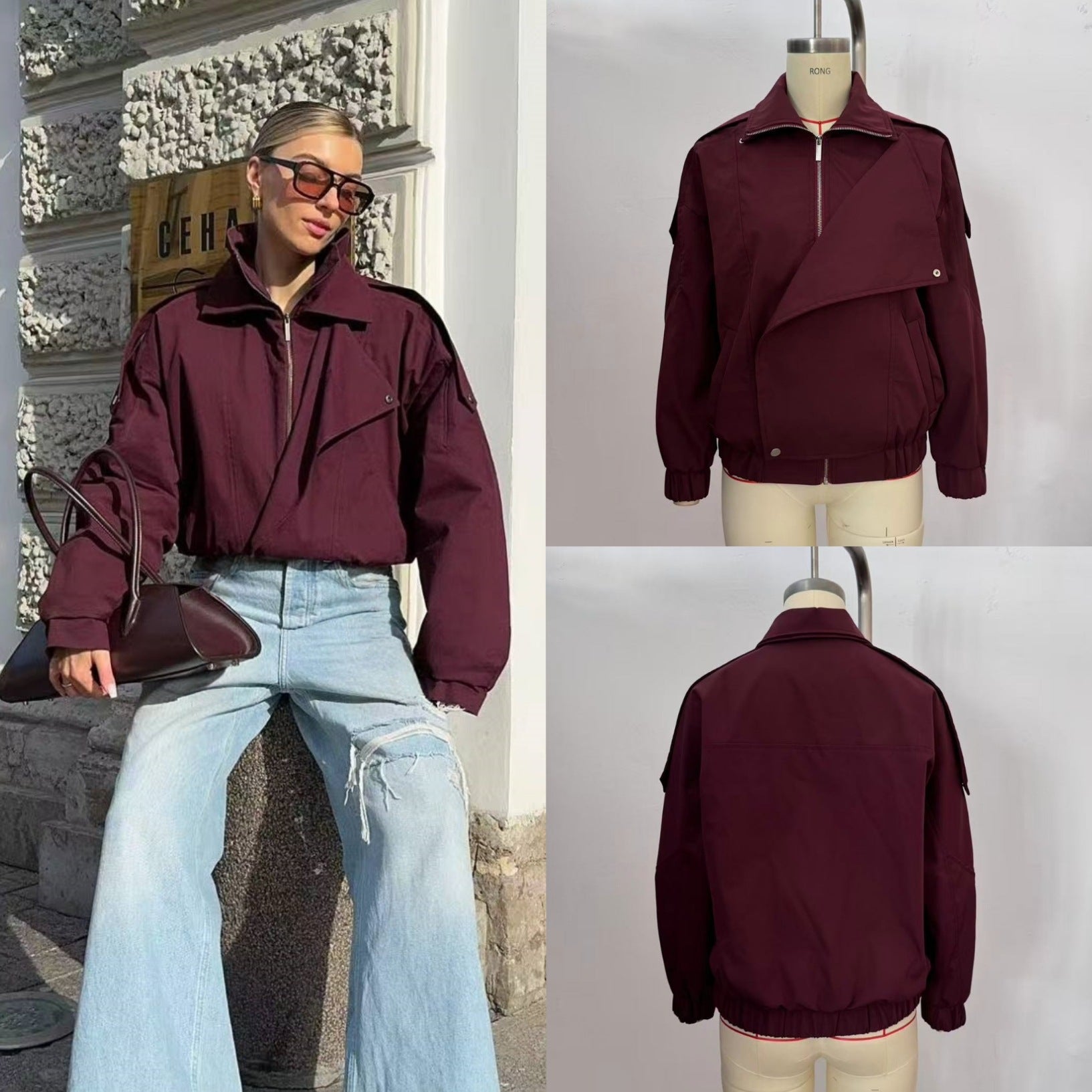 Women's oversized bomber jacket with asymmetric placket front, standing collar, and drawstring hem Chichicherry