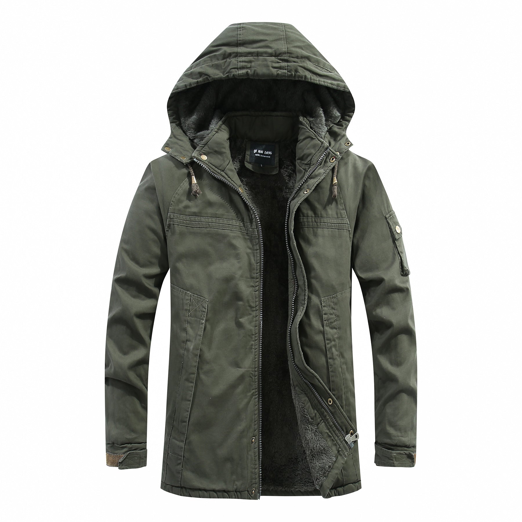Men's longer parka with teddy lining, detachable hood, and utility details Chichicherry