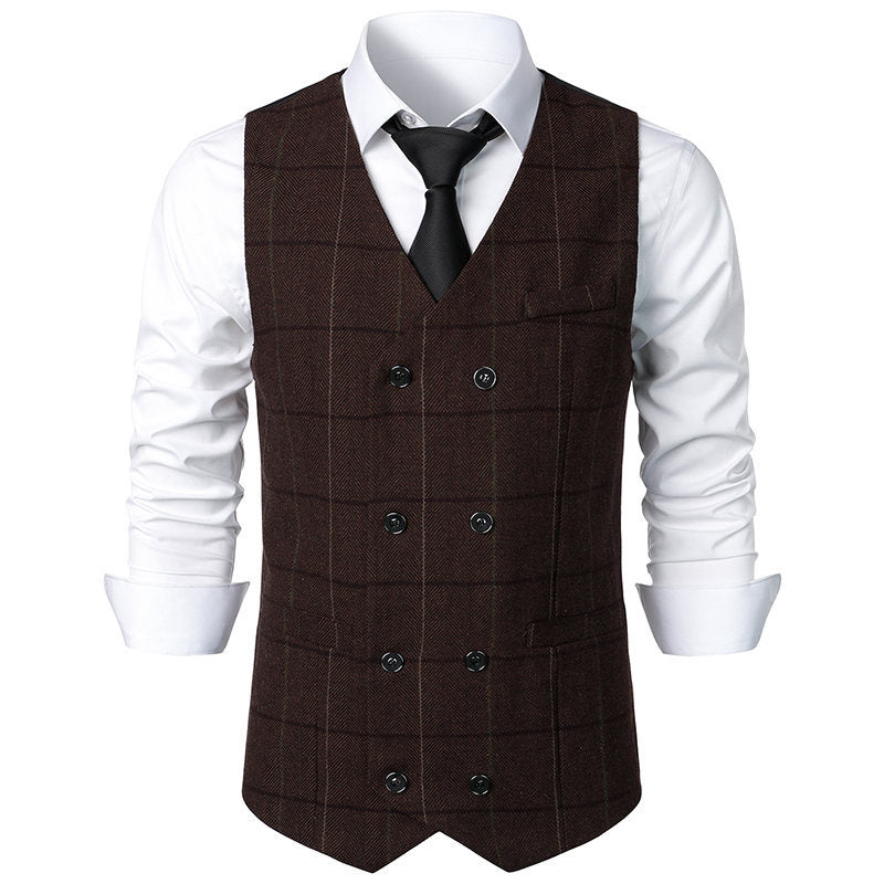 Men's Double-breasted Suit Vest with Window Pane and Herringbone Structure Chichicherry