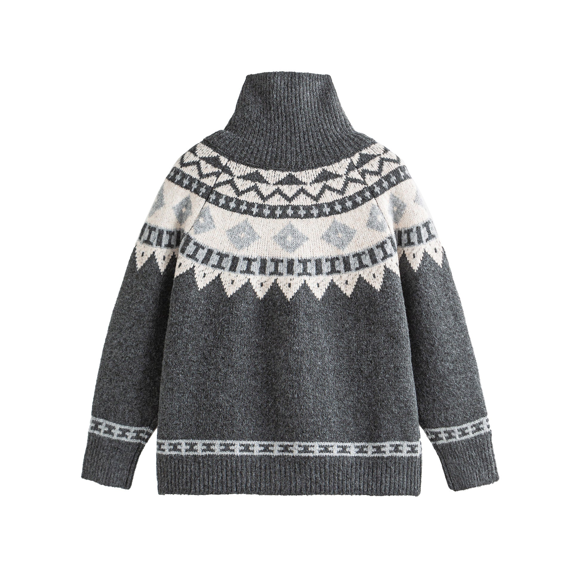 Women's Norwegian pattern knitted cardigan with high stand collar and toggle closures Chichicherry