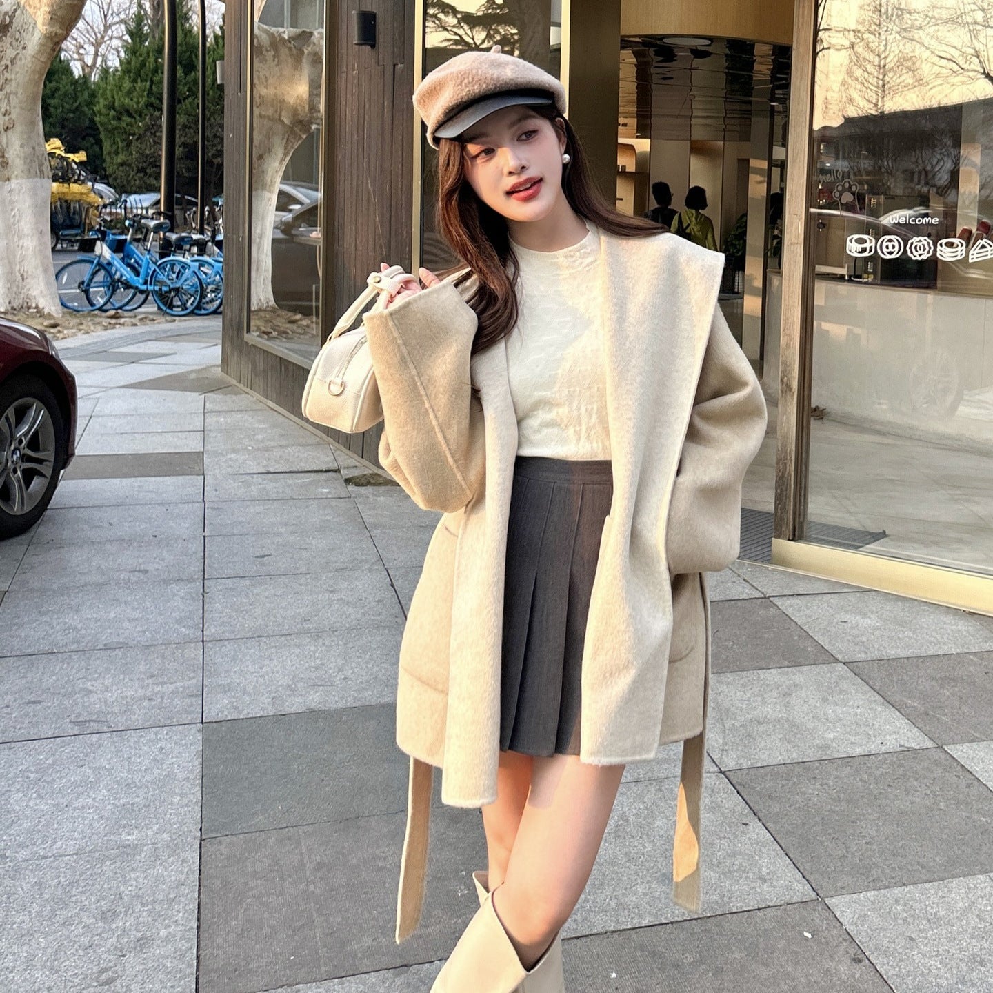 Women Short Wool Coat with Tie Belt and Oversized Shawl Collar Chichicherry